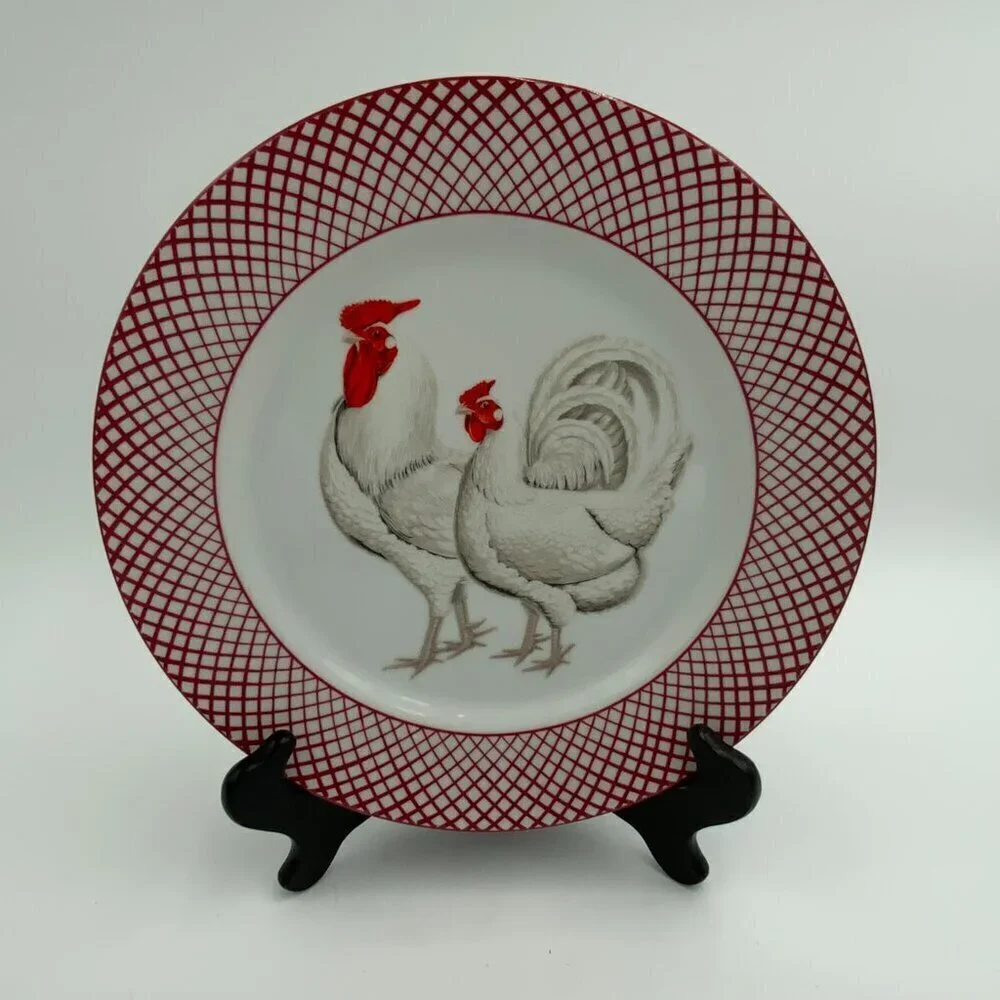 The Haldon Group Devonshire WHITE Rooster & Hen Dinner Plate Vintage Red & White